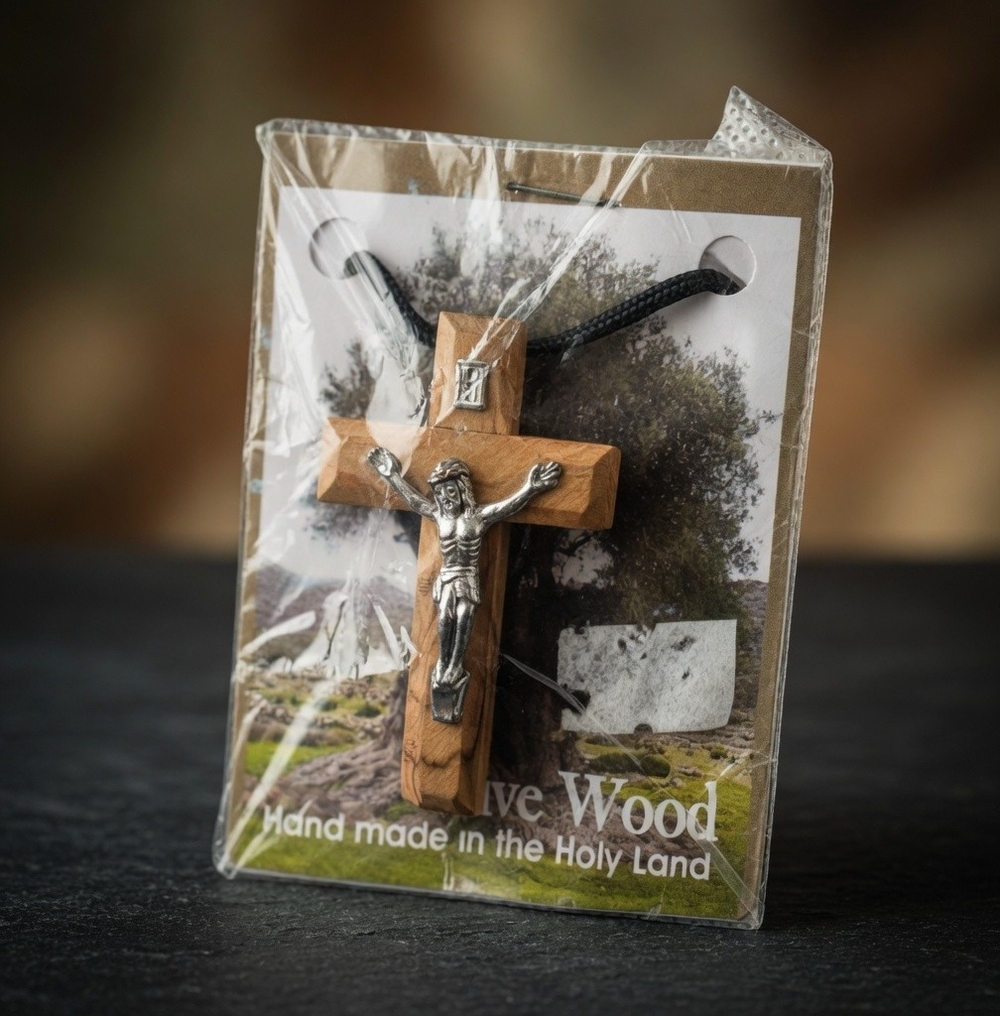 Vintage 2" Olive Wood Crucifix Pendant Necklace Religious Christian Jewelry NIP